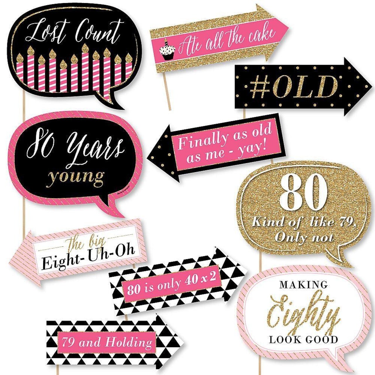 Big Dot of Happiness Funny Chic 80th Birthday - Pink, Black and Gold - Birthday Party Photo Booth Props Kit - 10 Piece